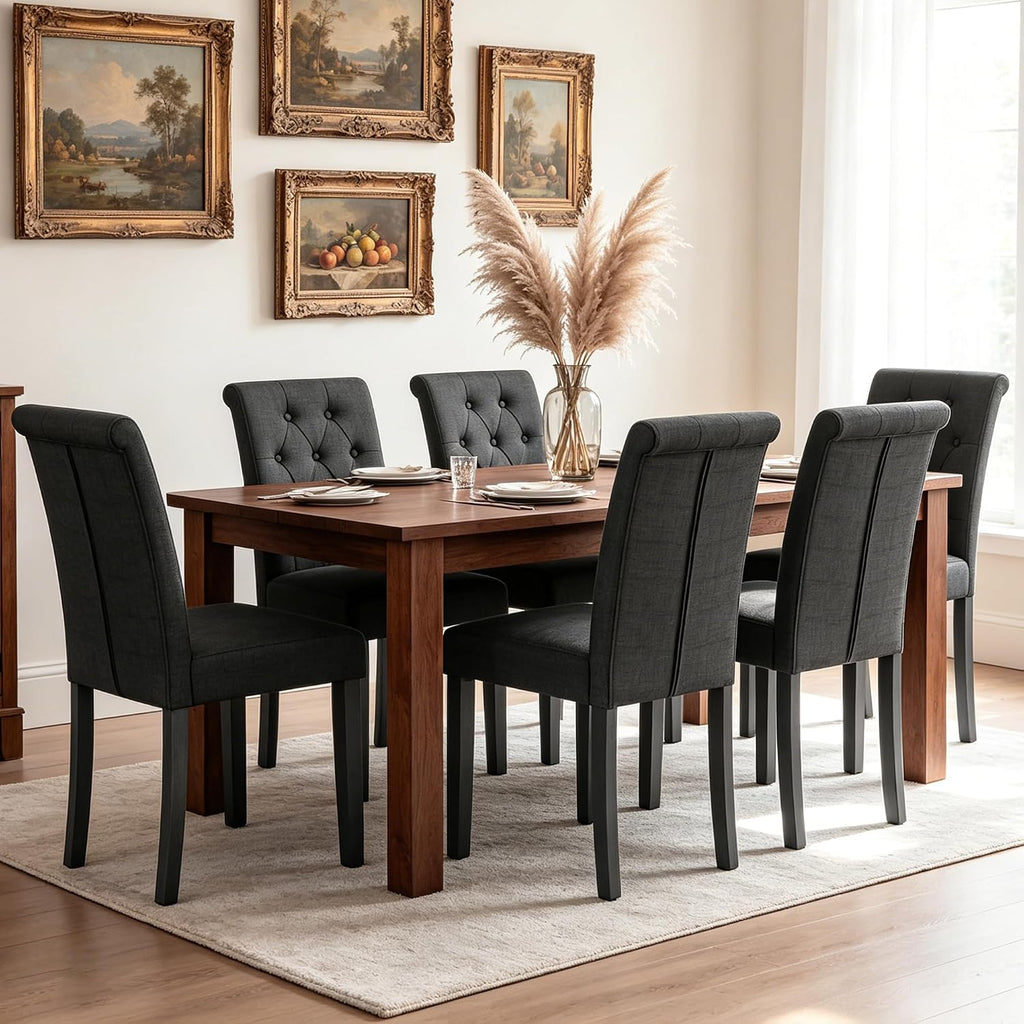 LSSBOUGHT Set of 4 Modern Tufted Dining Chairs, Button Padded Fabric Chairs with Solid Wood Legs, Upholstered Armless Dining Side Chairs for Home Dining Room(Charcoal,No Table)
