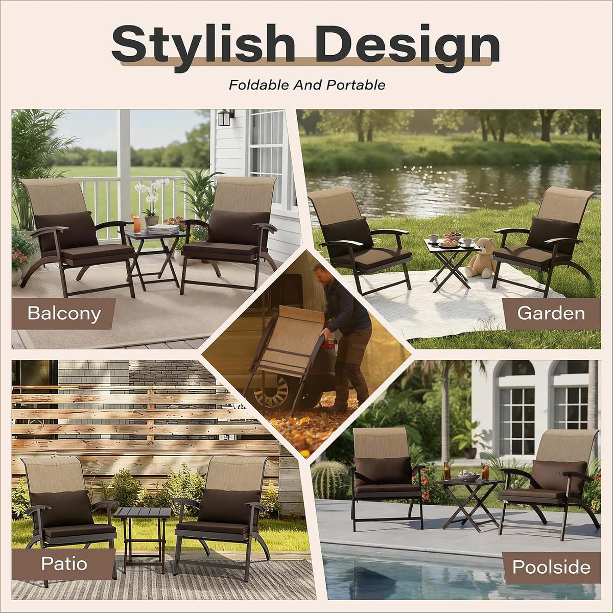 3 Piece Patio Furniture Set, Foldable Textilene Bistro chairs, Metal Table