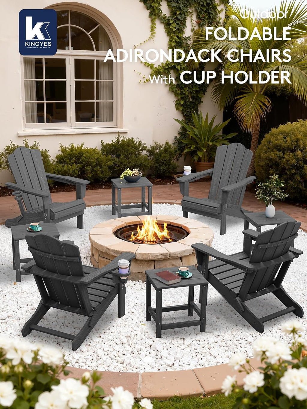 KINGYES Folding Adirondack Chair Set of 6 with Cup Holder, Grey