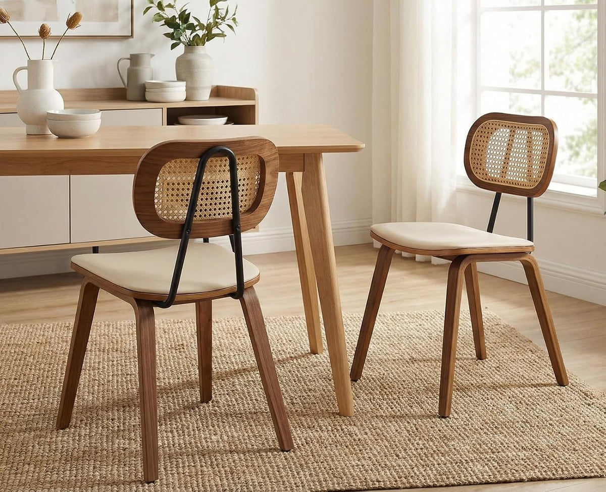 HEAH-YO Modern Dining Chairs Set of 2, Upholstered Faux Leather Dining Room Chairs with Rattan Backrests and Wood Legs, Armless Kitchen Chairs for Dining Room, Beige