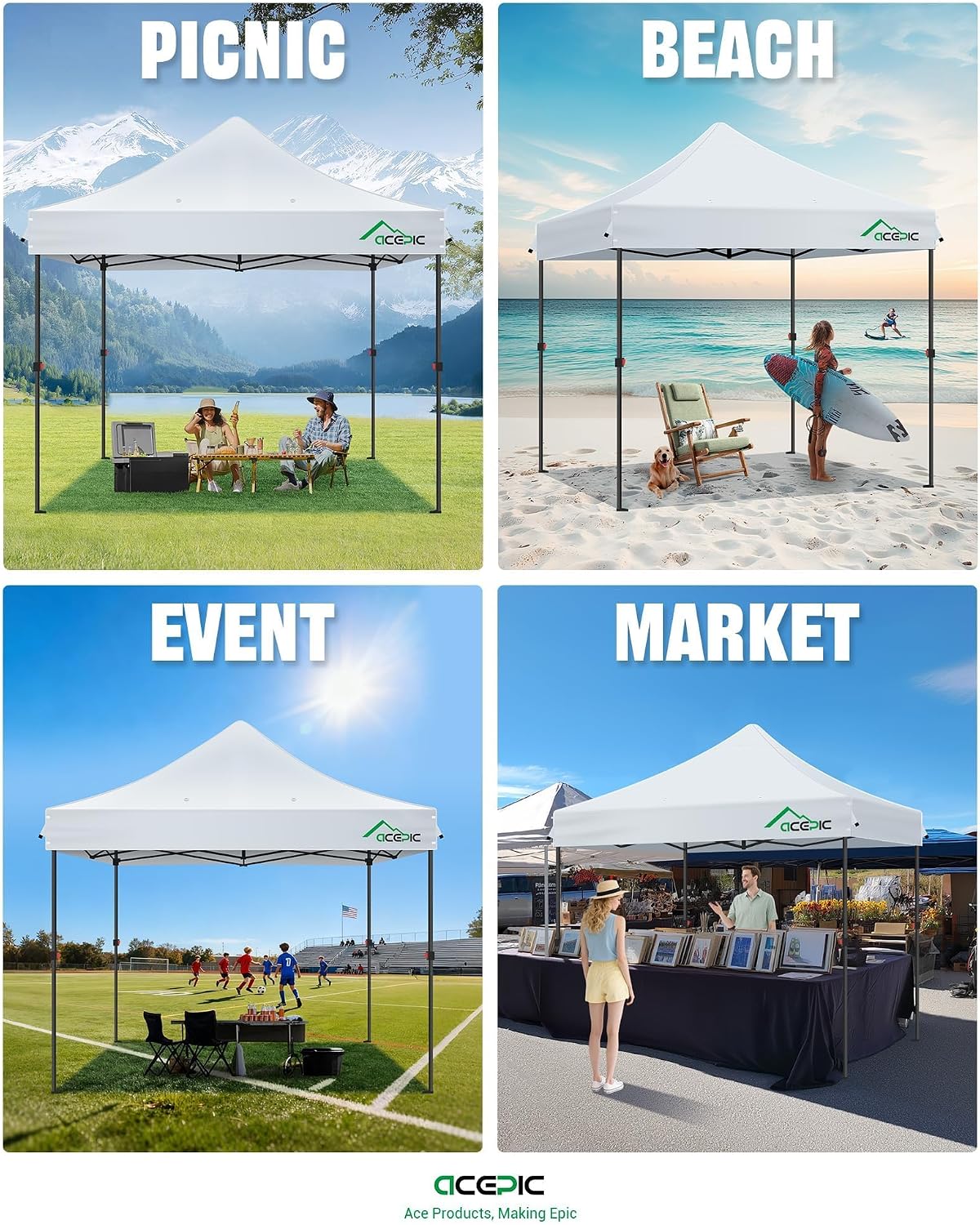 ACEPIC Heavy Duty 10x10 Peak Pole Canopy Replacement Top (Gray, Top Only)