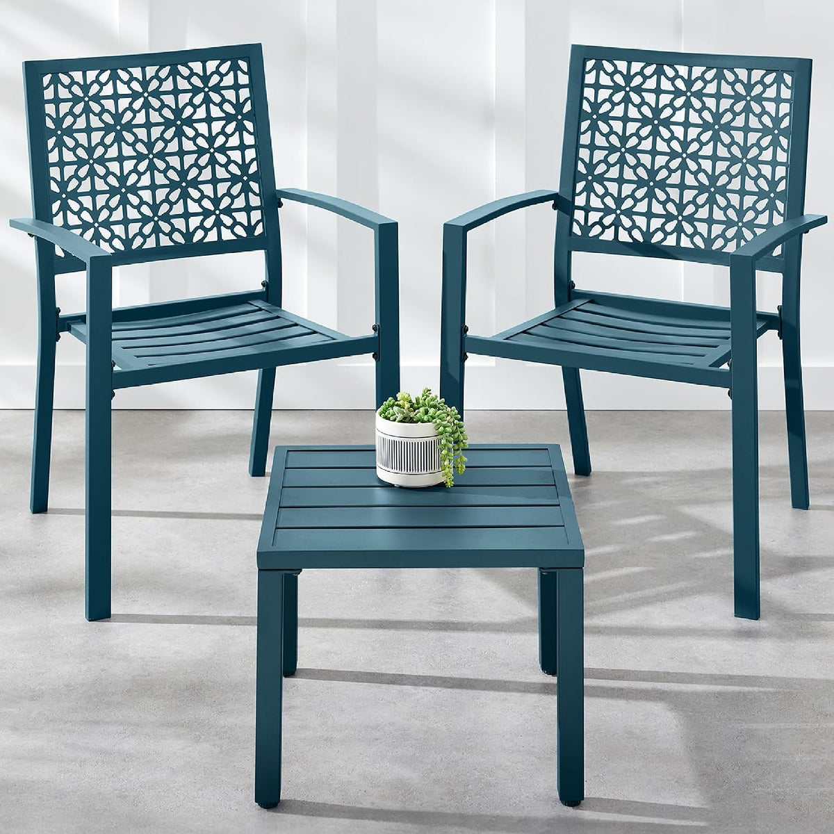 Best Choice Products 3-Piece Outdoor Bistro Set, Stackable Modern Steel Furniture for Porch, Garden w/ 2 Chairs, Table, Geometric Decor - Peacock Blue