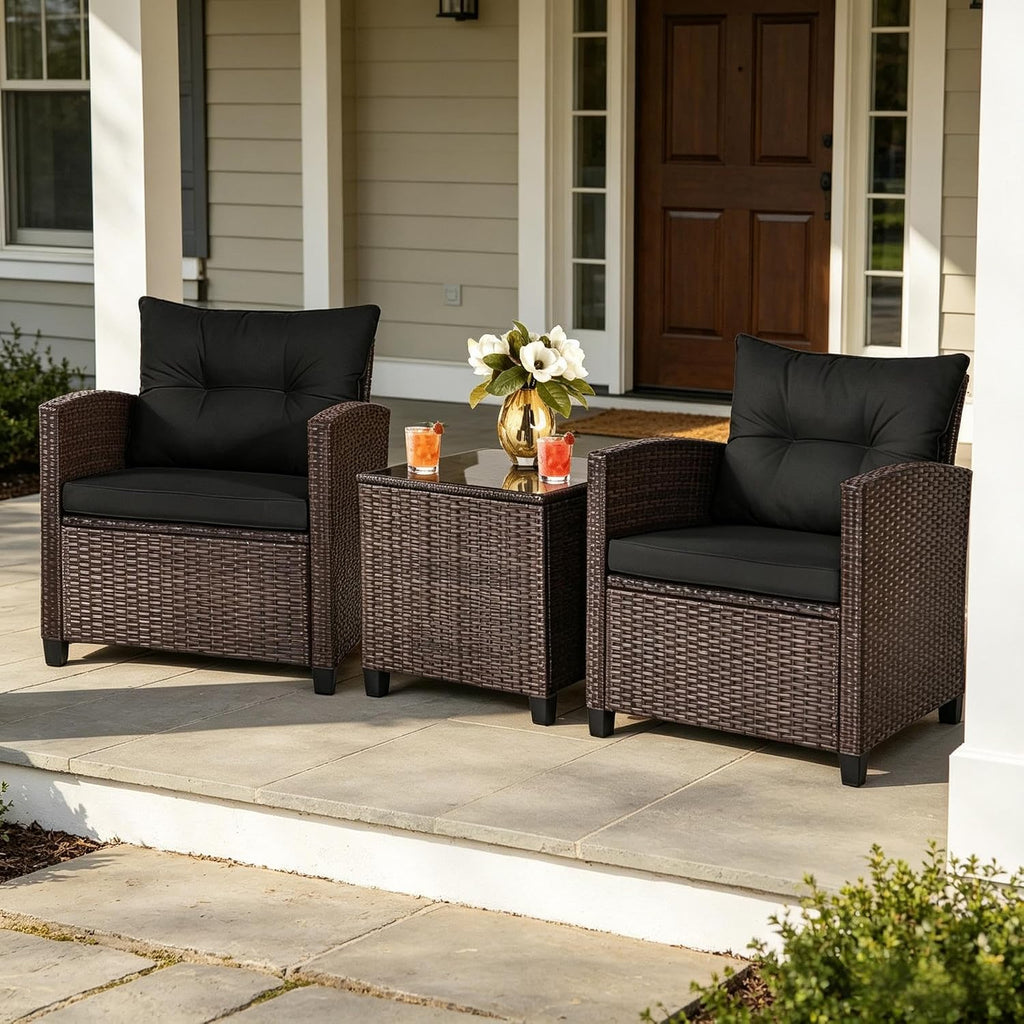ORALNER 3 Pieces Patio Furniture Set, Outdoor Wicker Bistro Set (Black)