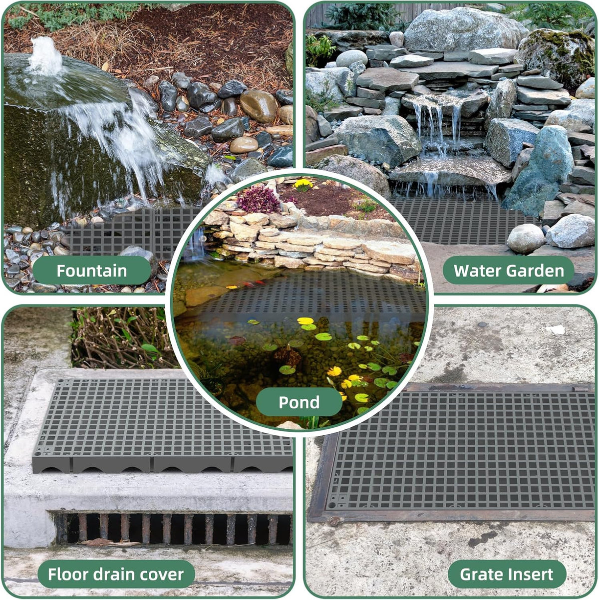 3 Pack 24" x 12" Heavy Duty Fountain Basin Grate, Hide Reservoir Grid for Pondless Waterfall, Hides Rocks, Vases and Decor, Indoor Outdoor Pond Water Garden Fountains, Snap Together Design, Gray