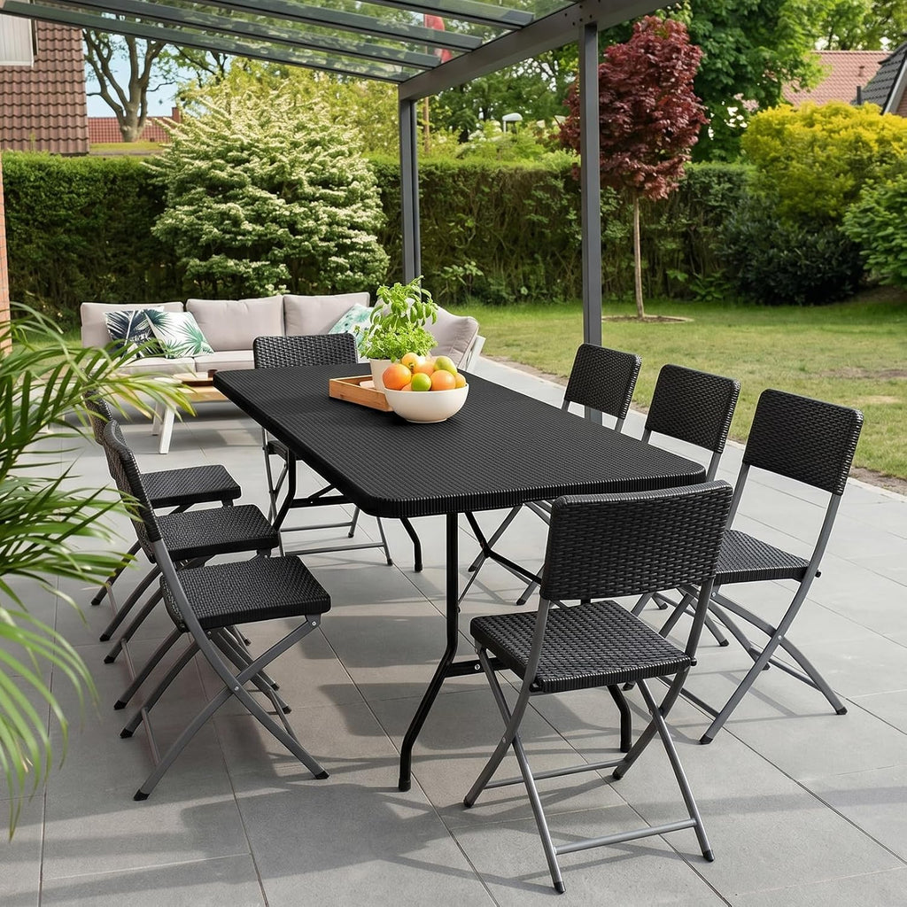 6FT Folding Table Portable Picnic Table Heavy-Duty Fold-in-Half Utility 6 Foot Foldtable Table with Carry Handle for Outdoor Indoor Party, Dining, Wedding, Camping, Black Ratten
