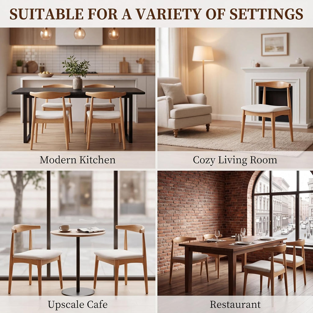 ROCITY Wood Dining Chairs Set of 4 Fabric Kitchen Chairs with Linen Cushion and Barrel Backs Mid Century Modern Dining Room Chairs Natural Wood