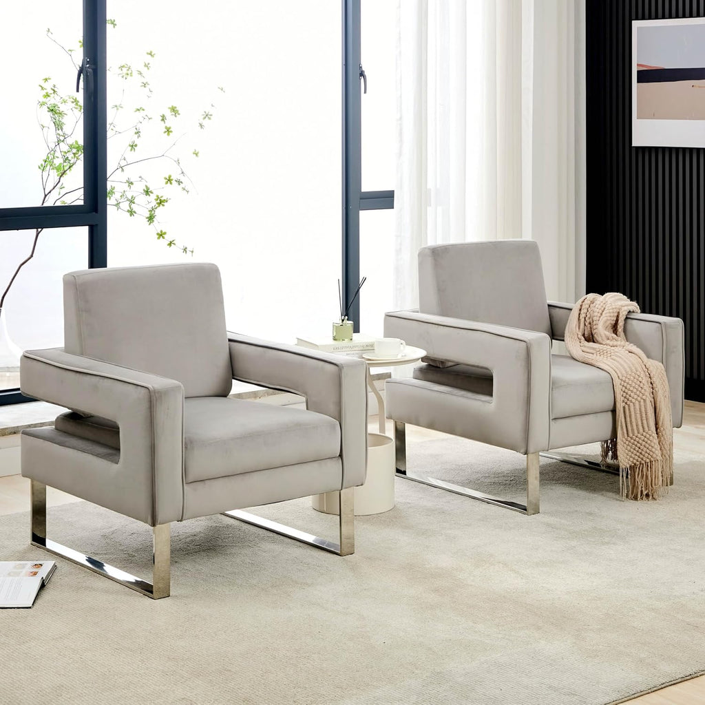 Velvet Accent Chair, Modern Armchair with Silver Base, Grey