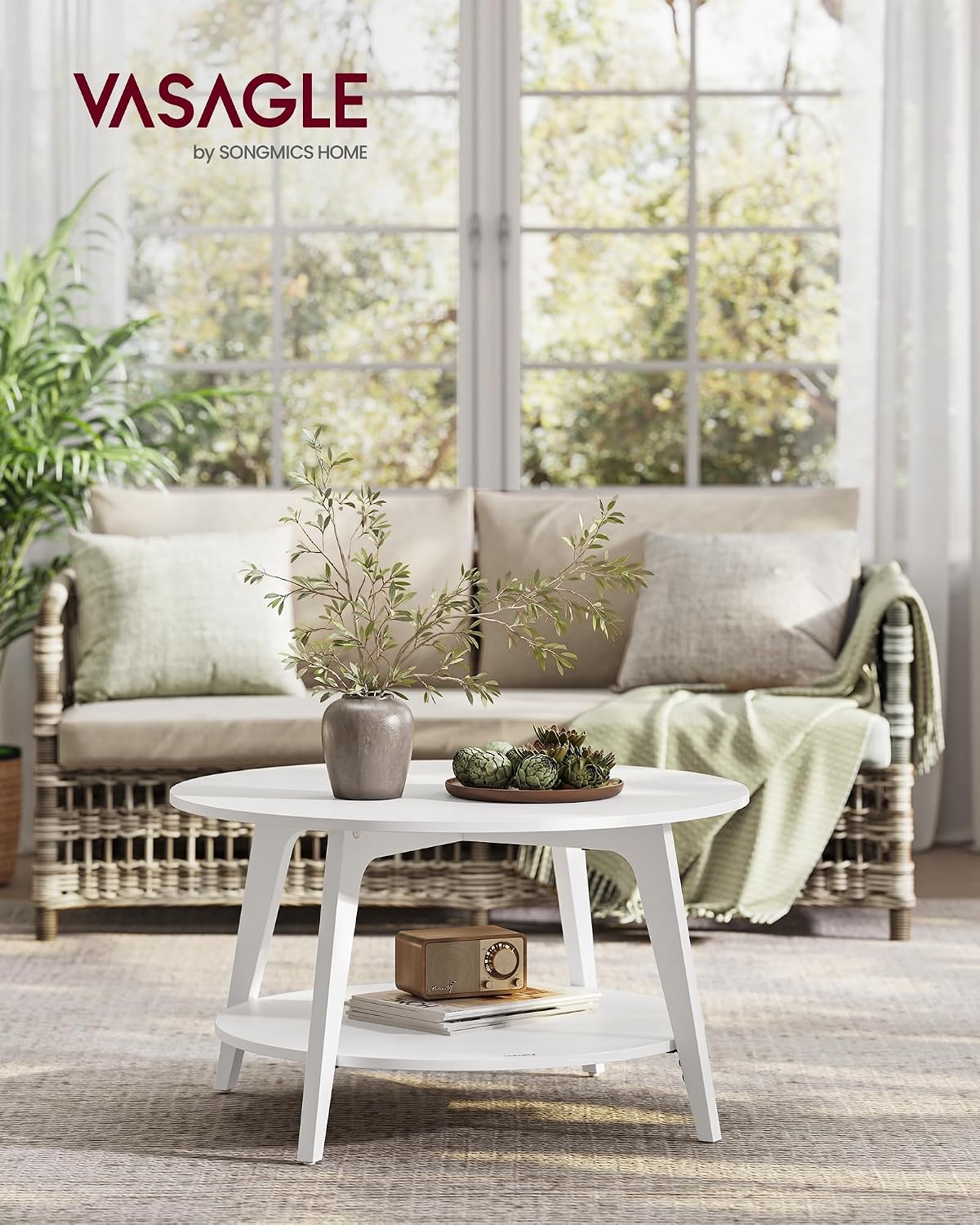 VASAGLE Round Coffee Table, 2-Tier Center Table with Storage, Tapered Legs