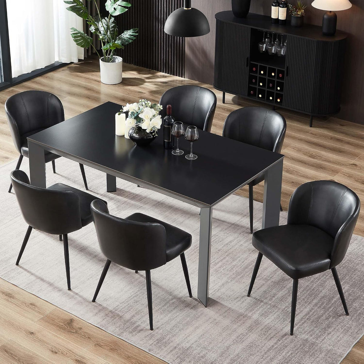 BedsPick Dining Chairs Set of 6 - PU Leather Kitchen Chairs with Metal Legs, Mid-Century Modern Upholstered Dining Room Chair for Kitchen, Living Room, Ink Black