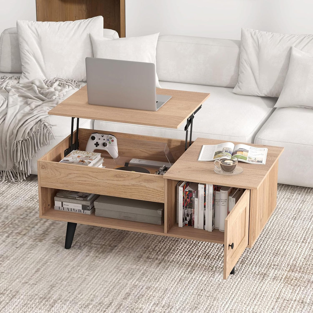 Tangkula Lift Top Coffee Table with Storage, Living Room Table with Hidden Compartment, Cabinet & Open Shelf, Flip Top Center Table, Pull up Coffee Table for Home, Office (Natural)
