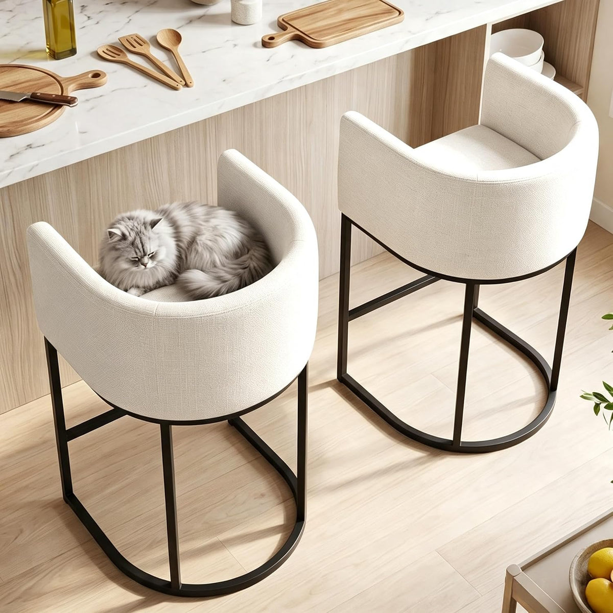26" H Counter Height Bar Stools Set of 3, Modern Barrel Counter Stools with Backrest and Arms, Linen Fabric Upholstered Accent Barstools for Kitchen Island,Support 450 LBS (White)