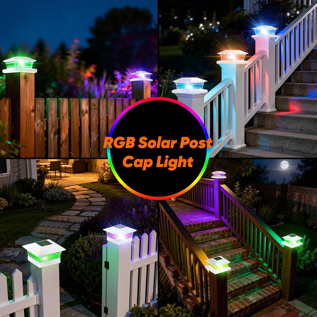 Solar Post Cap Lights Outdoor 8 RGB Solid Colors & Color Changing