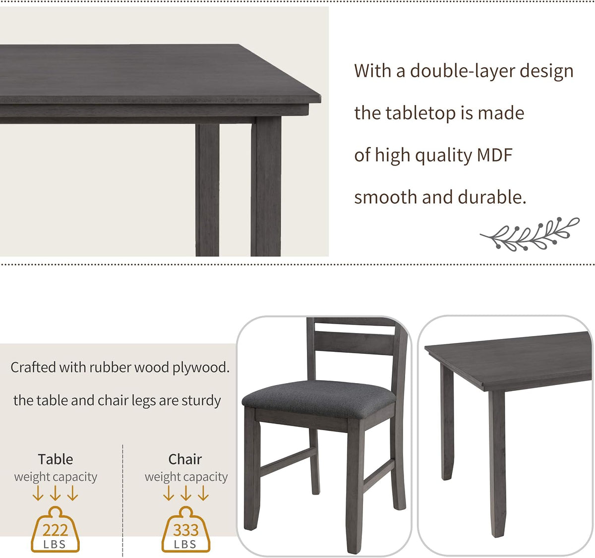 Harper & Bright Designs 6 Pieces Wooden Dining Table Set, Rectangle Table and 4 Chairs with Bench with Cushion, Kitchen Table Chairs Set for 6 Persons, Dining Room Set (Gray)