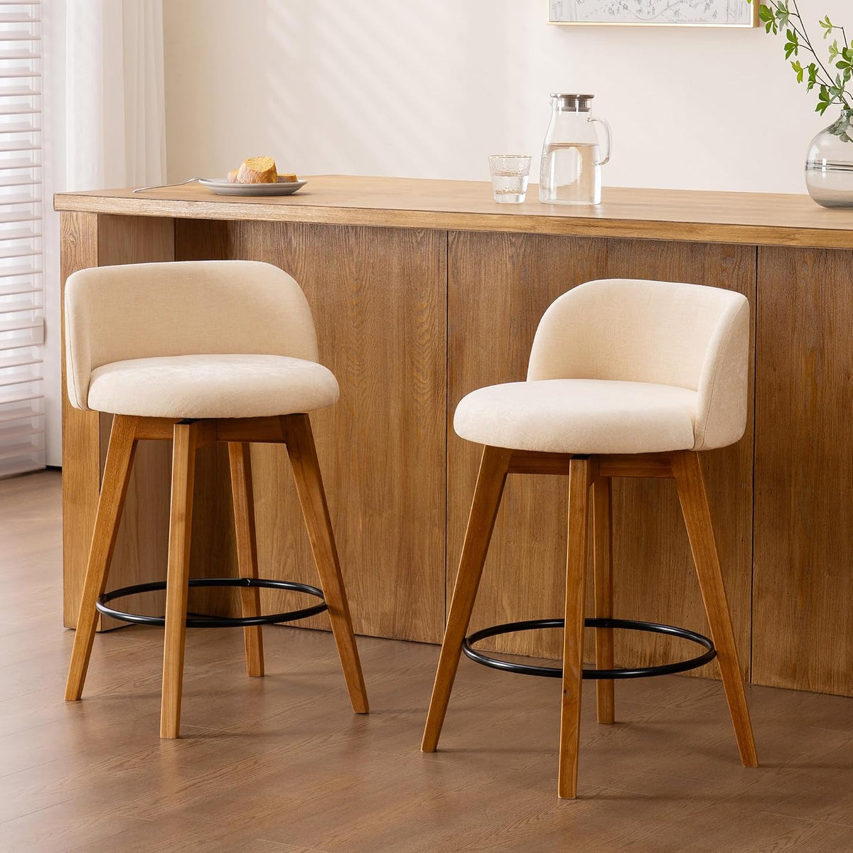 EYYTHUNG 26" Counter Height Bar Stools Set of 2 Mid Century Modern Farmhouse Swivel Barstools Chenille Fabric Upholstered Bar Height Island Chairs with Curved Backrest for Kitchen Island, Beige