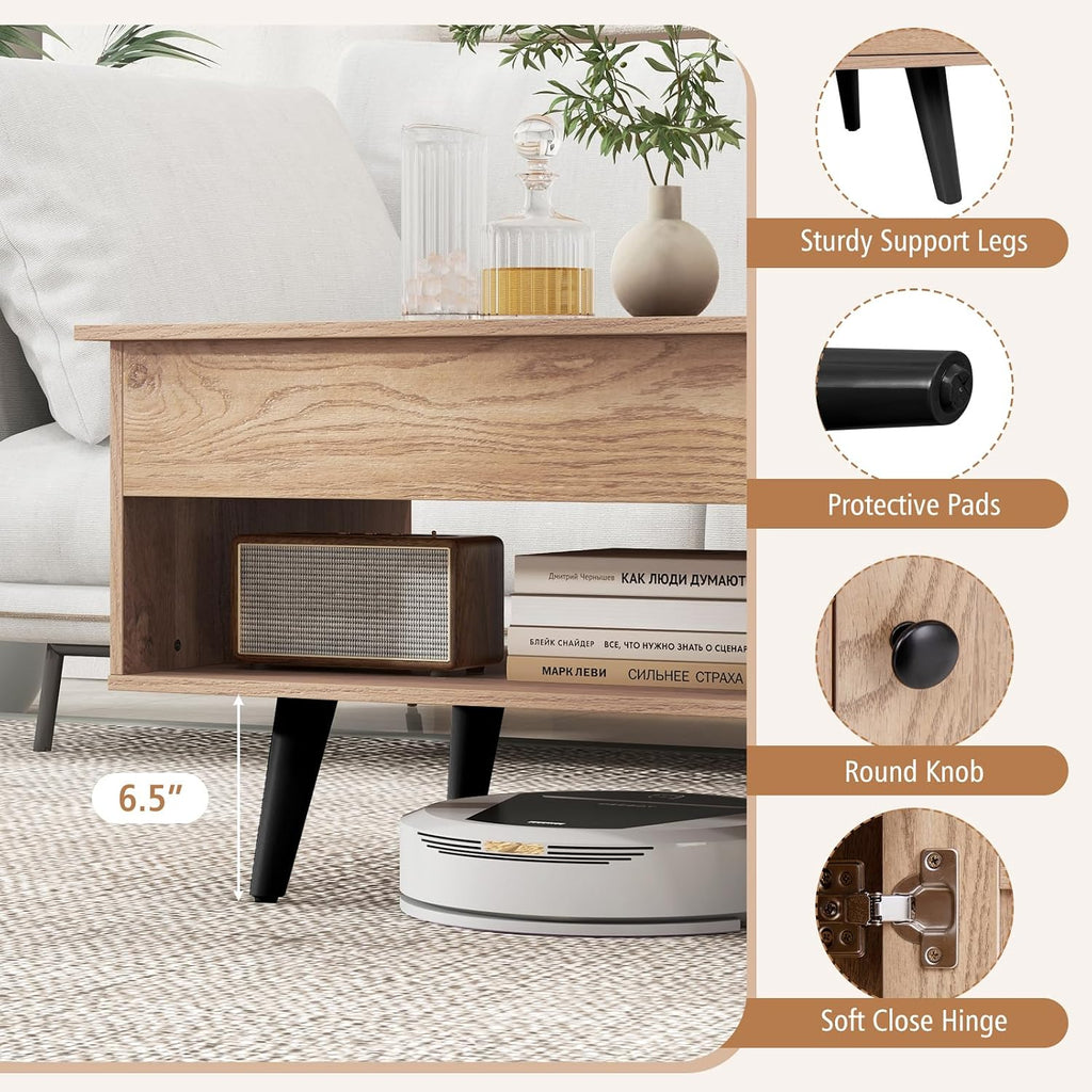 Tangkula Lift Top Coffee Table with Storage, Living Room Table with Hidden Compartment, Cabinet & Open Shelf, Flip Top Center Table, Pull up Coffee Table for Home, Office (Natural)