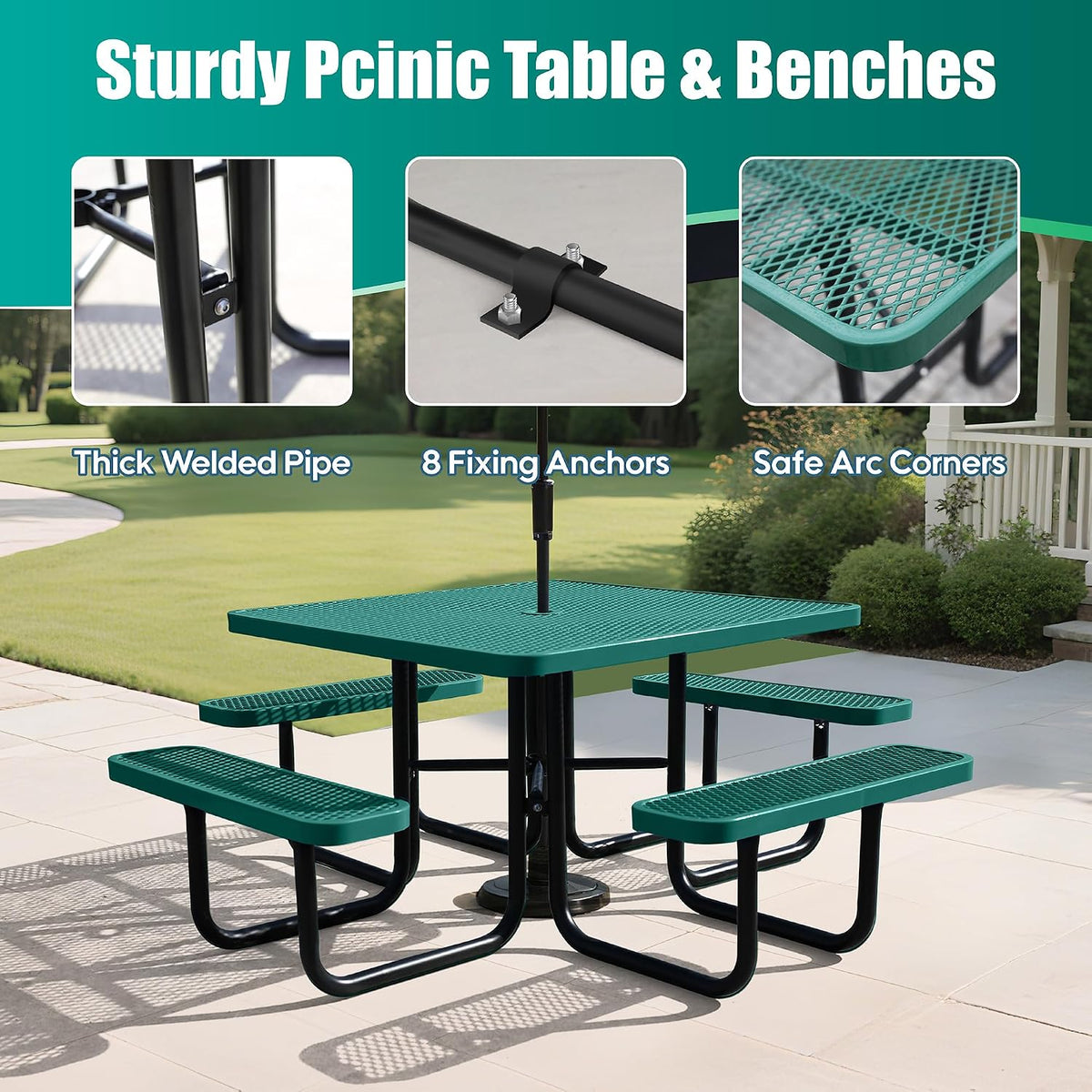 8-Person Picnic Tables for Outdoors, Industrial 46" Expanded Metal Square Picnic Table with 4 Benches & Umbrella Hole, Outside Table and Bench Set for Garden, Backyard, Porch, Patio, Green
