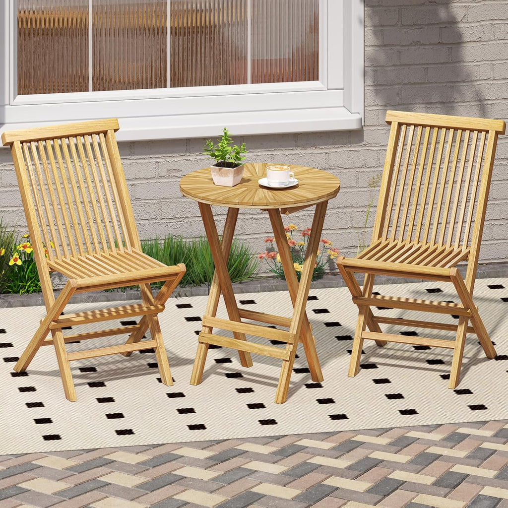 Tangkula Patio Folding Side Table, 23.5" Teak Wood Round End Table with Slatted Tabletop & X-Shaped Frame, Portable & Compact Bistro Table for Backyard, Poolside, Garden, Fully Assembled, Natural