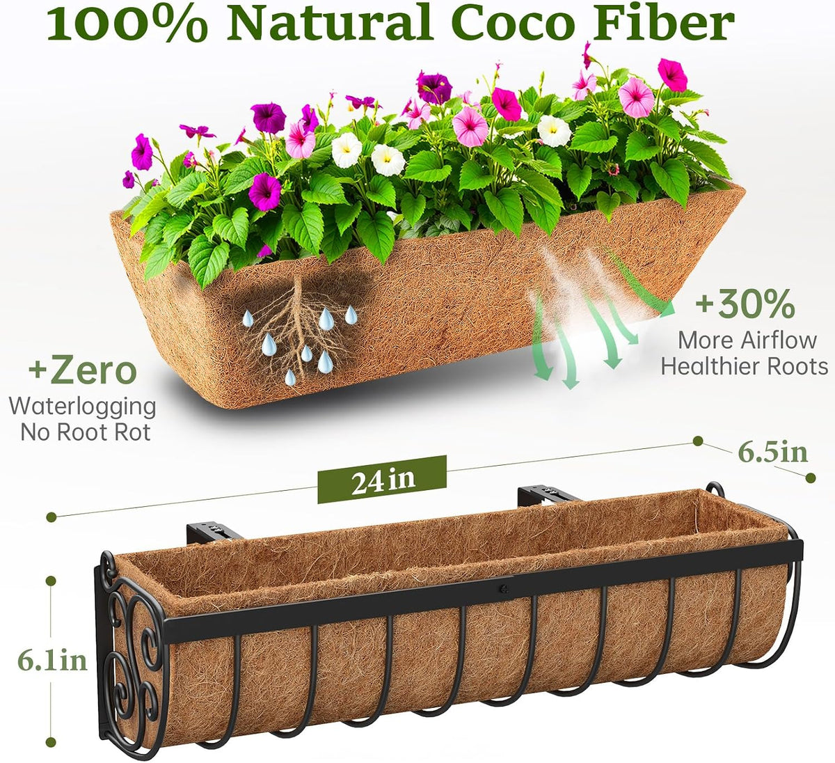 VOXOR Railing Planter Boxes, 24 Inch Window Boxes Planters, Balcony Planters with Adjustable Brackets & Coco Liner for Outdoor Fence, Deck, Porch, and Patio Gardening, 2 Pack