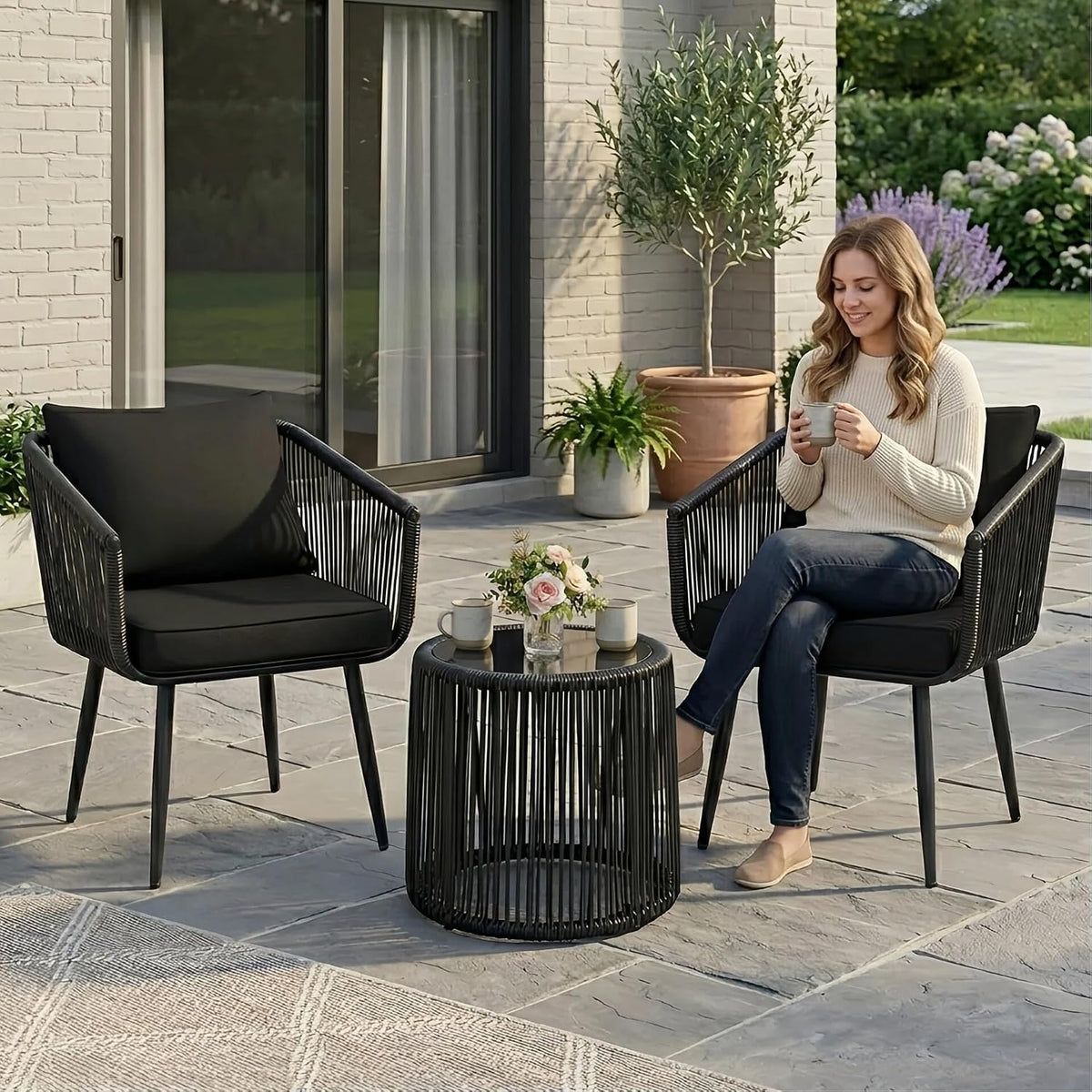 kromax 3-piece patio rattan bistro conversation set, black, package contents