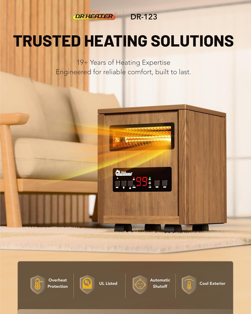 DR. Infrared Heater DR-123 Indoor Portable Space Heater with Remote Control, 1500W Dual Heating, 4 Wheels for Mobility, Programmable Timer, Thermostat, Ultra Quiet, Coffee