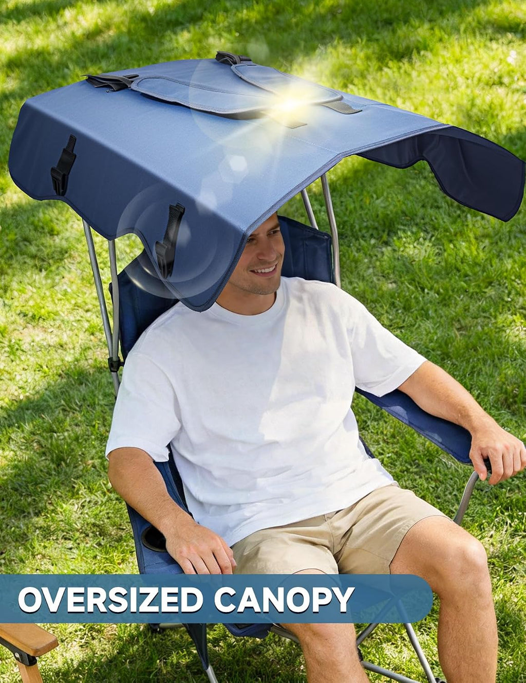 eo living backpack beach chair with canopy shade shown in use