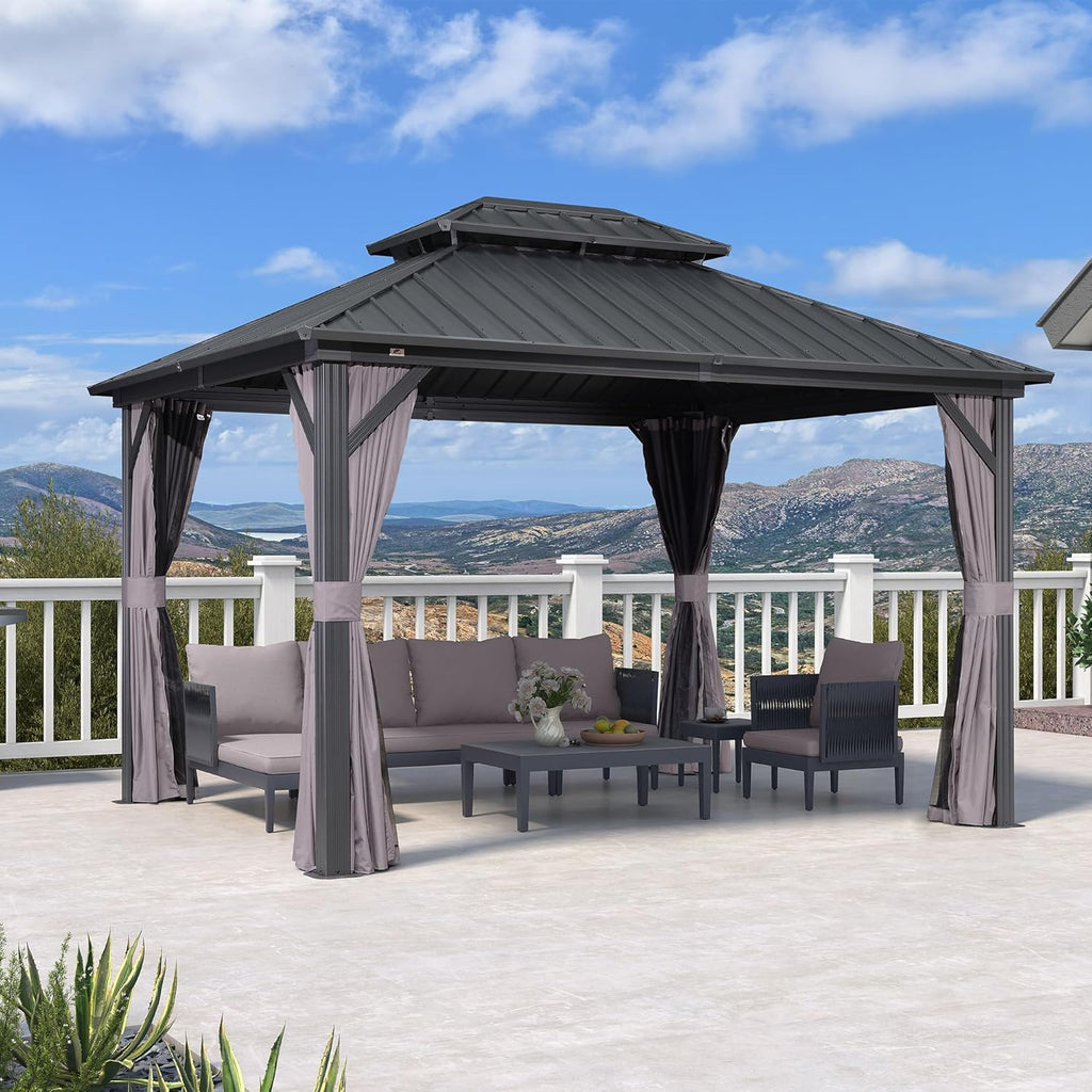 PURPLE LEAF Hardtop Gazebo 10' x 12' Aluminum with Privacy Curtain, Grey