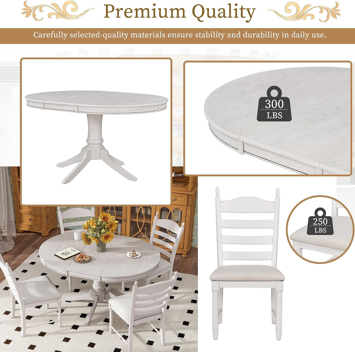 LUMISOL 5-Piece Solid Wood Dining Table Set for 4, Farmhouse Kitchen Table Set with Extendable Round Table & 4 Upholstered Chairs for Kitchen, Dining Room, Small Space, Antique White