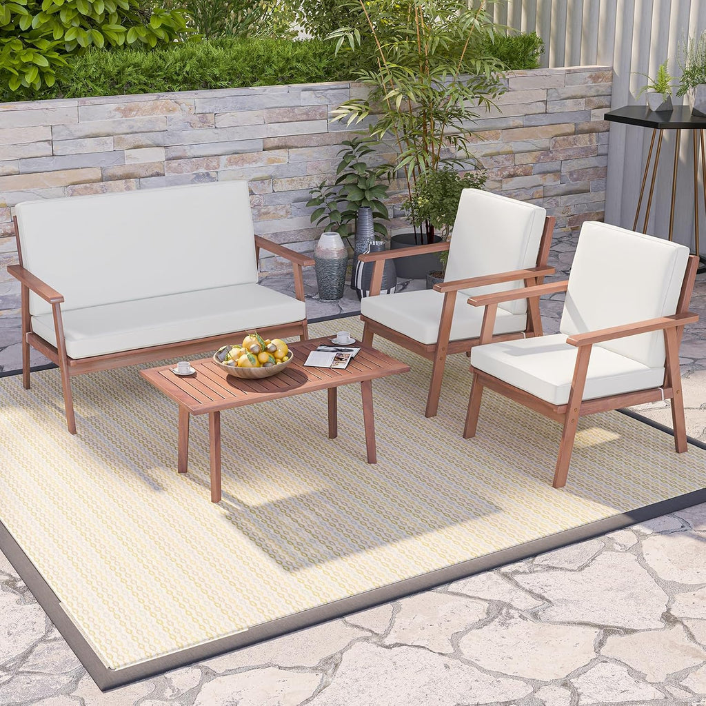 Tangkula 4 Piece Outdoor Conversation Set, Acacia Wood Sofa Set with Soft Seat & Back Cushions, Rectangle Coffee Table Patio Wood Furniture Set for Backyard, Poolside, Garden (1, Off White)