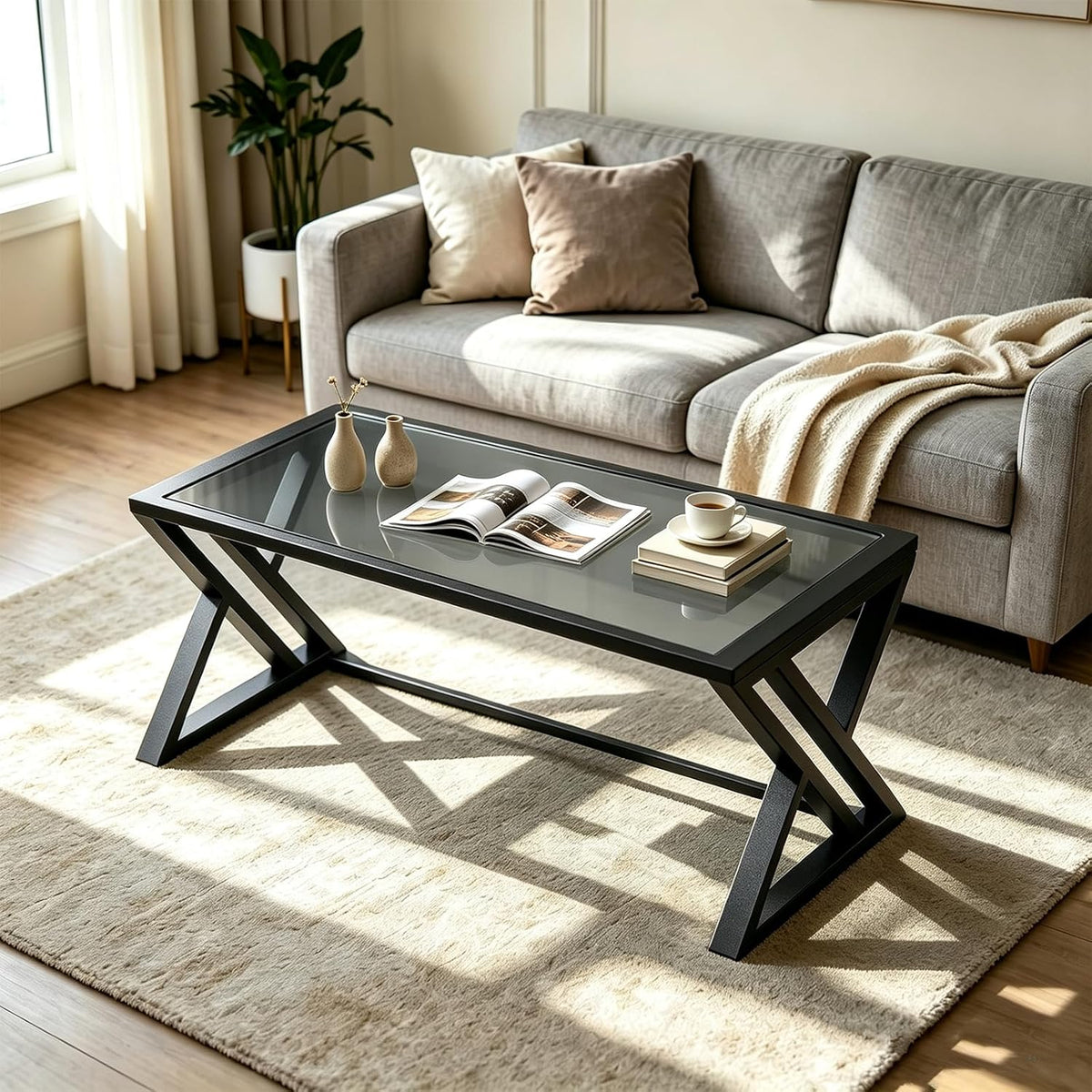 Wolawu Coffee Table Grey Glass Coffee Table for Living Room,Modern Rectangular Center Table with Sturdy Metal Frame,Tempered Glass Tables for Bedroom Home Office
