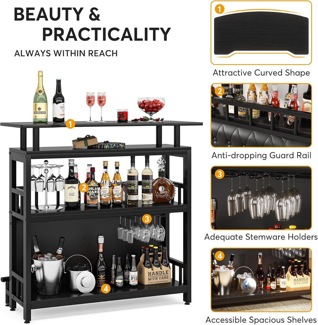Tribesigns Home Bar Unit for Liquor, 44-Inch Bar Height Table with Storage, Black Mini Entertainment Carts Pub Table with Upholstered&Metal Front Footrest for Kitchen, Balcony, Basement