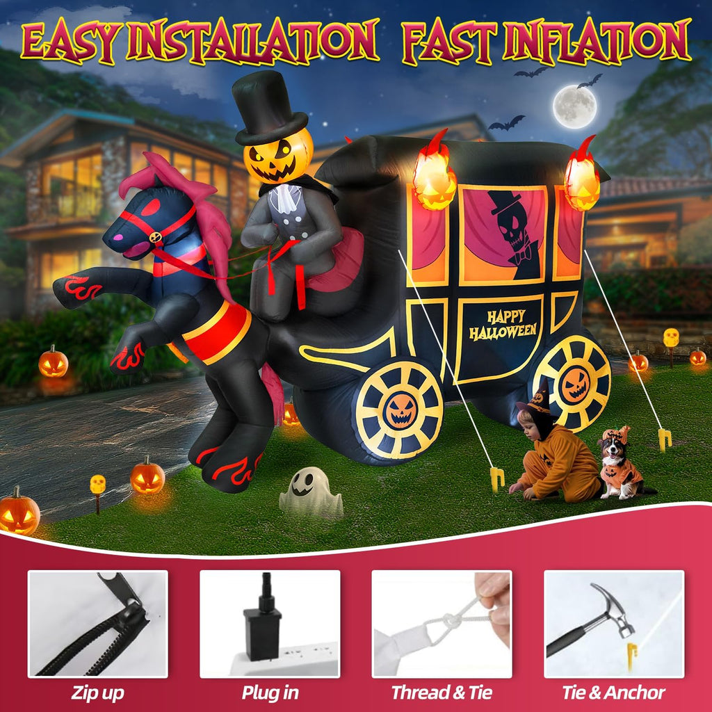 10FT Long Halloween Inflatables Built-in LED Light Pumpkin-Headed Horse Carriage, Giant Halloween Decorations Outdoor Blow Up Yard Decorations Spooky Ghost Carriage Halloween Blowups for Lawn Party