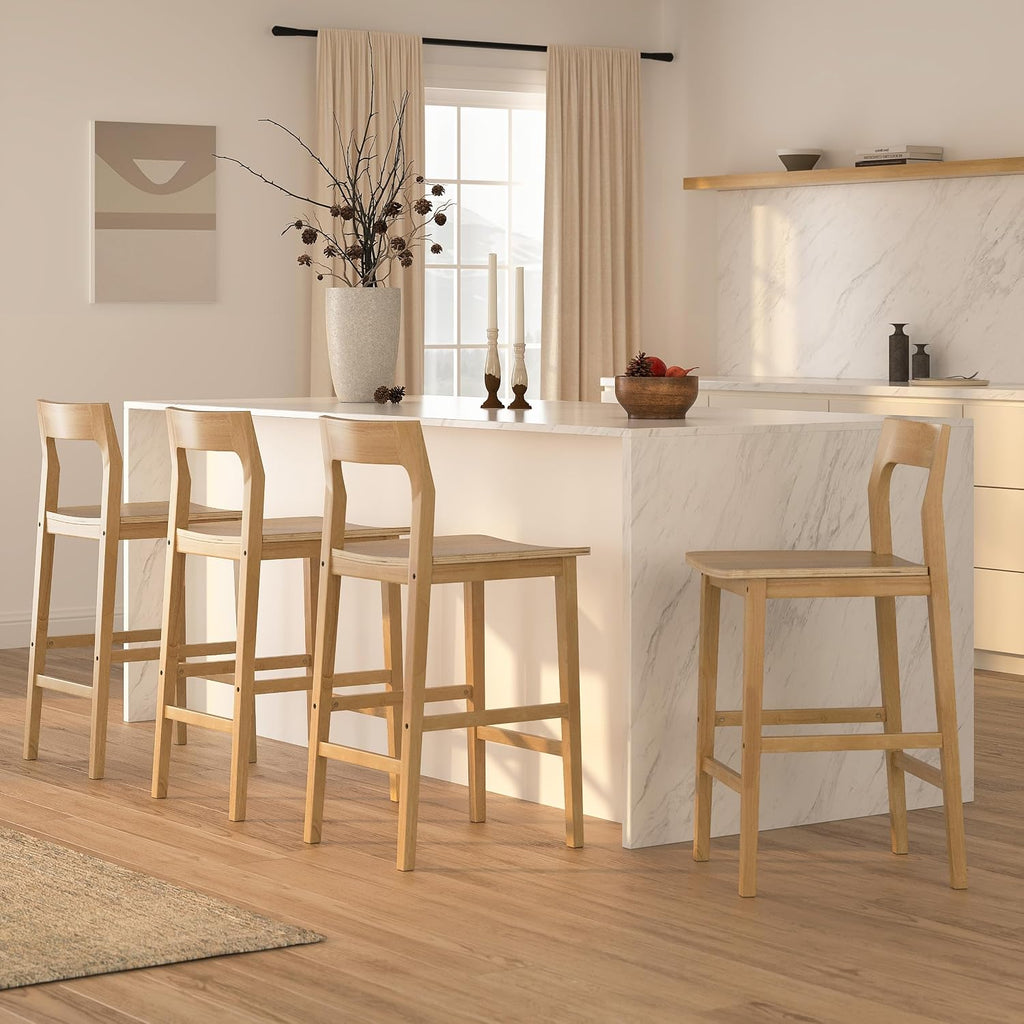 Wood Barstools Set of 4, Counter Height Bar Stools Armless Farmhouse Wooden Bar Dining Chairs with Back & Footrest for Kitchen Island Cafe Pub, Natural Oak