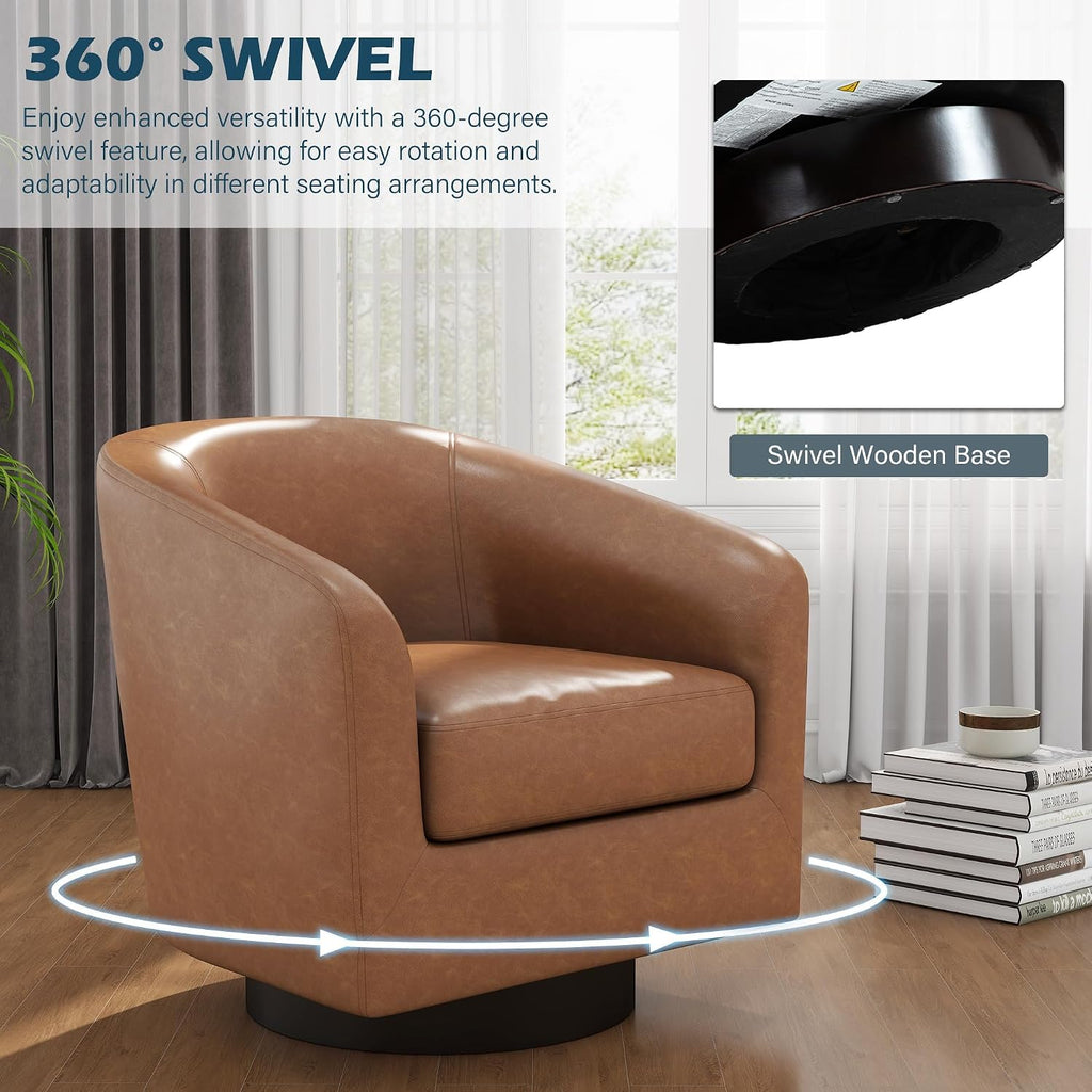 Faux Leather Swivel Accent Chairs Set of 4, Barrel Armchair, Brown