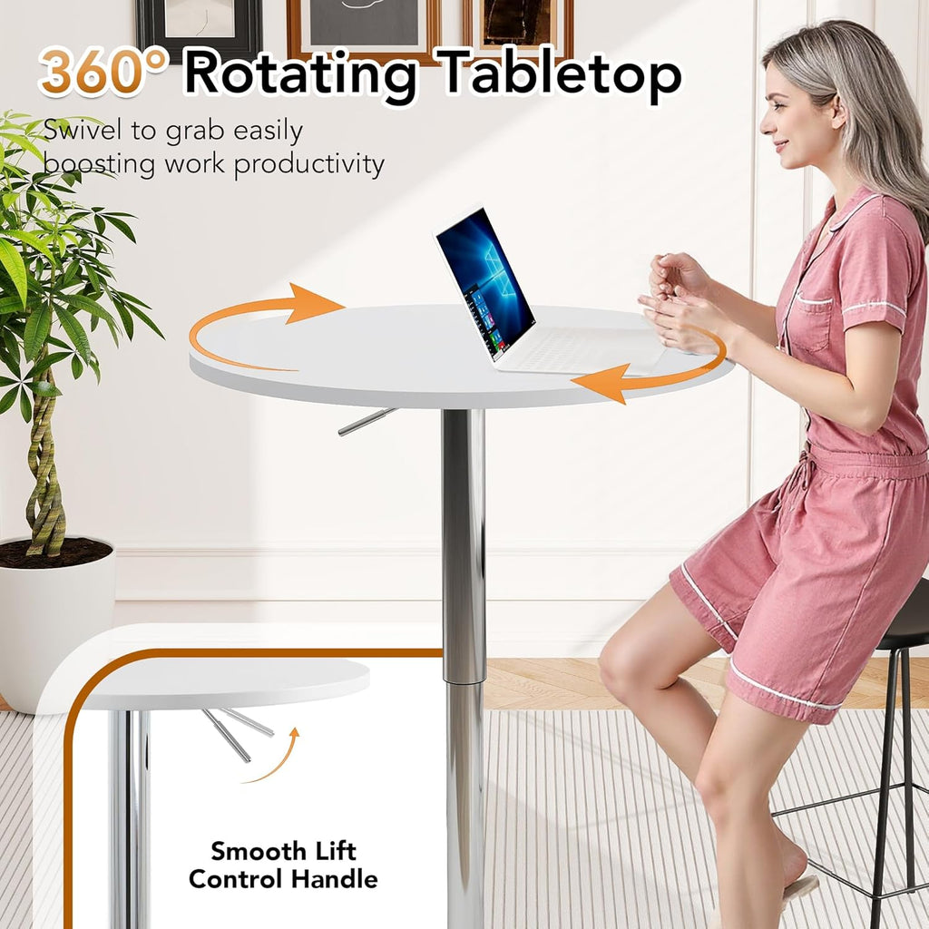 NOBPEINT Round Pub Table, Height Adjustable Bar Table 27-36 inches, 360 Swivel Table Top, White