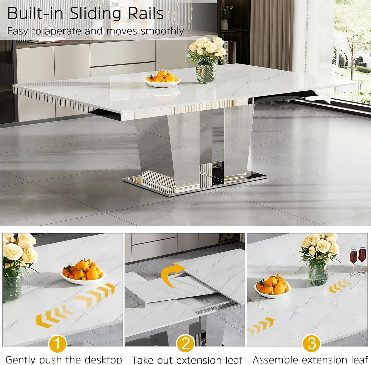 Modern Extendable Dining Table Set for 8, 94" Faux Marble Expandable Table with 8 Beige Velet Chairs & Silver Mirrored Base, 9 Piece Luxury Extendable Dining Room Table Set for Dinner Family Gathering