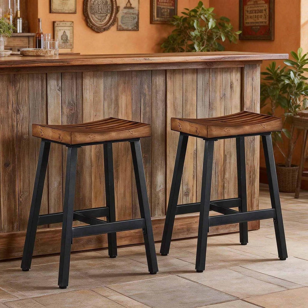 OUllUO Bar Stools Set of 3, Backless Saddle Barstools, 25" Counter Height Bar Stools, Solid Wood Counter Stools with Metal Frame, 521P-BBWD3
