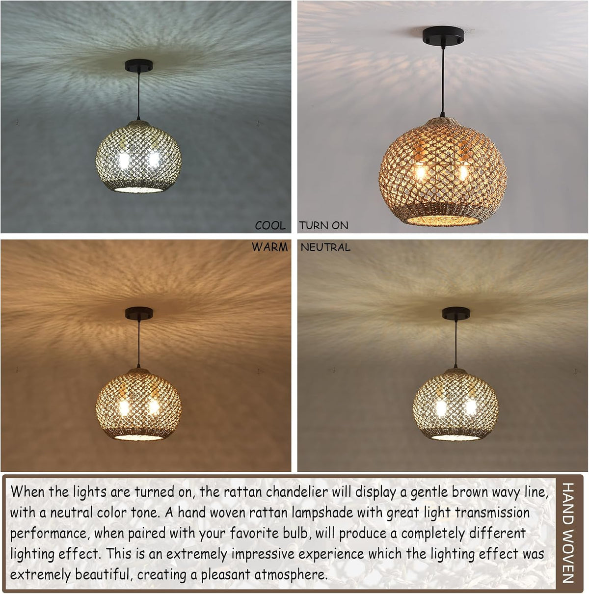 boho rattan pendant light fixture 13.79" 2-light wicker shown in use