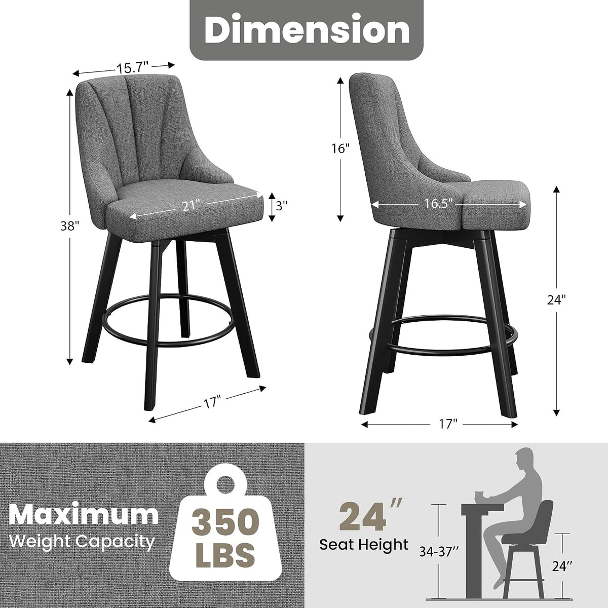 YaFiti 24" Swivel Counter Height Bar Stools Set of 8, Dark Gray