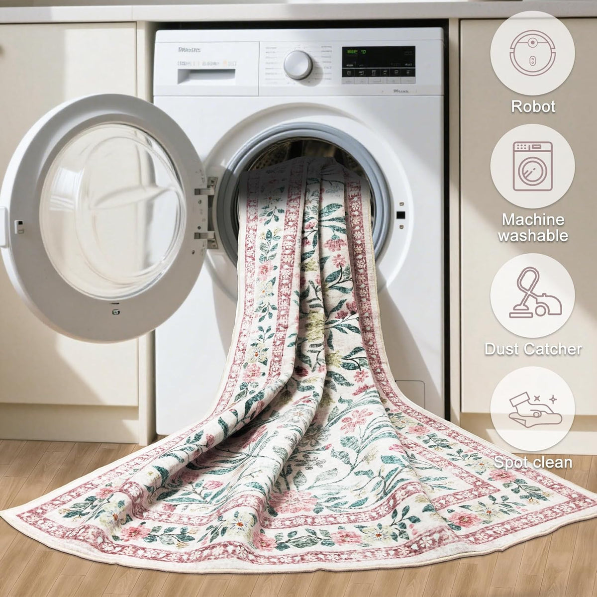 PLHXFR 8x10 Area Rug Living Room: Floral Washable Boho Carpet Pink Green