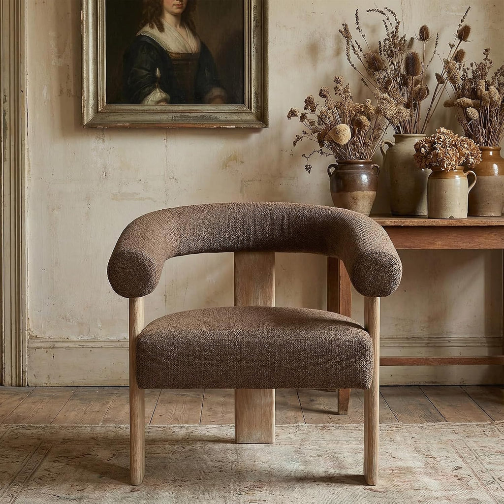 VKNOW Barrel Accent Chair, Vanity Chair with Armrests and Rubberwood Legs