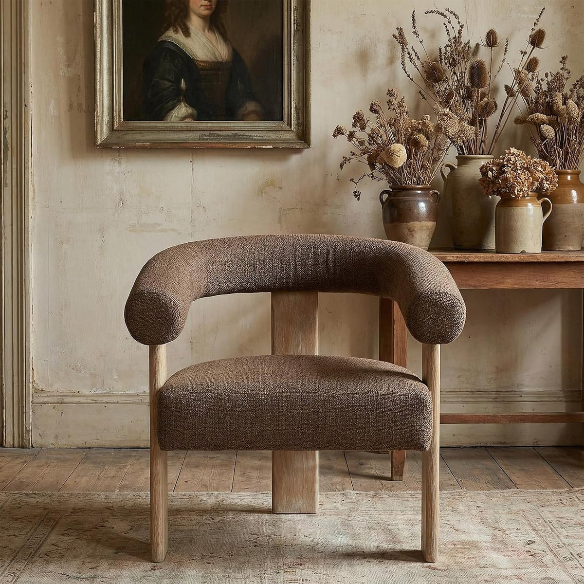 VKNOW Barrel Accent Chair, Vanity Chair with Armrests and Rubberwood Legs