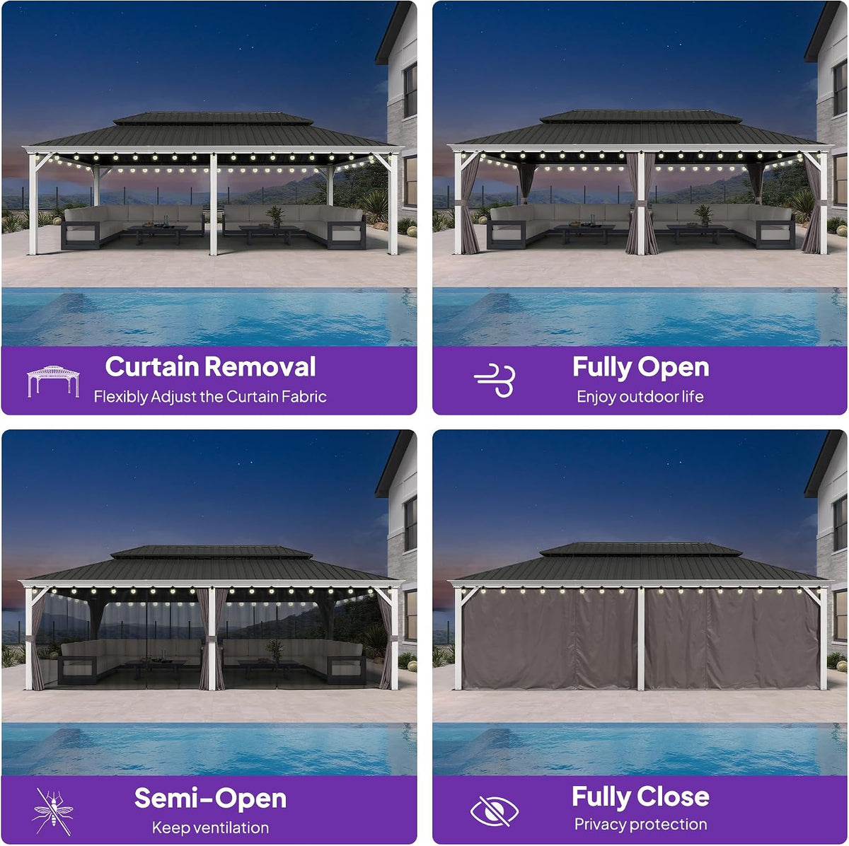 PURPLE LEAF Hardtop Gazebo 14' x 24' Steel Roof White Pole, Grey