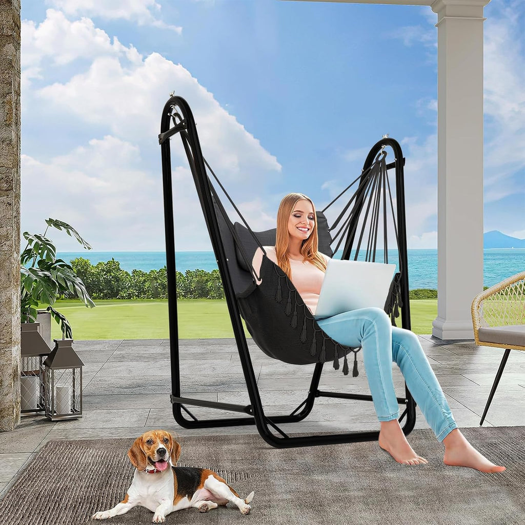Unique U-Shaped Hammock Chair with Stand,Sturdy & Rust-Resistant,Free Gray Cotton Hammock Chair