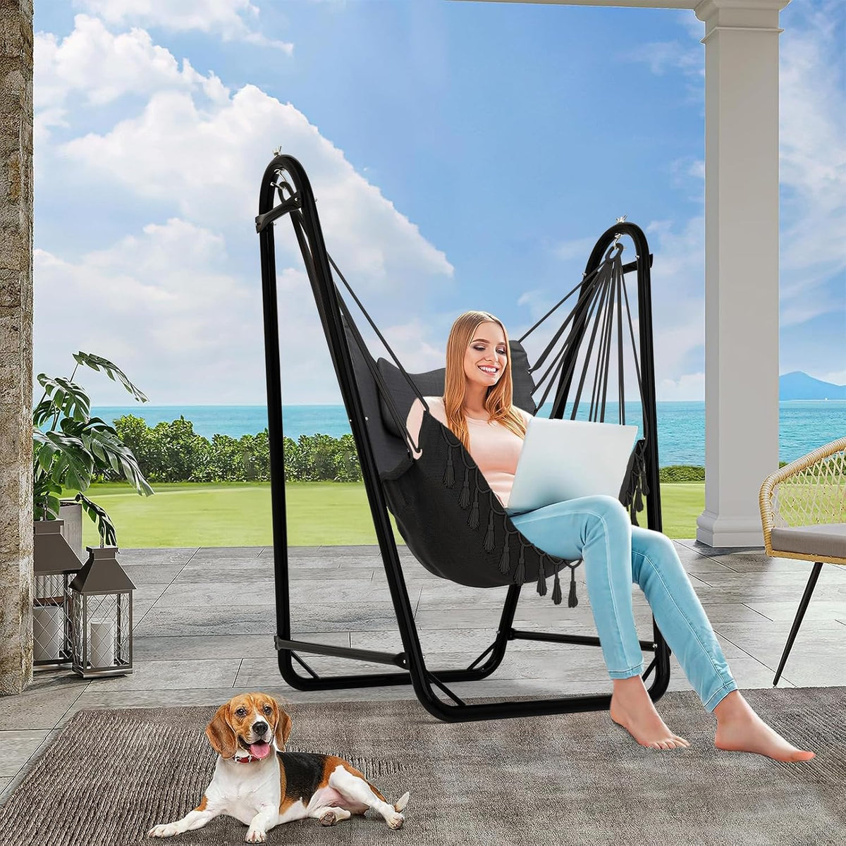 Unique U-Shaped Hammock Chair with Stand,Sturdy & Rust-Resistant,Free Gray Cotton Hammock Chair