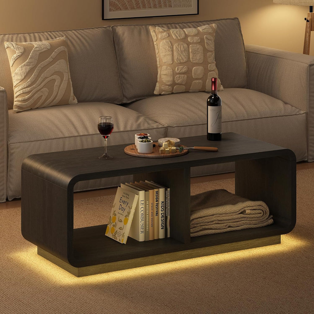 LYNSOM 47" Mid Century Modern Coffee Table, 2-Tier Center Table with Curved Profile Design & Independent Compartments, Wooden Rectangular Table with LED Light Strip for Living Room, Office, Black