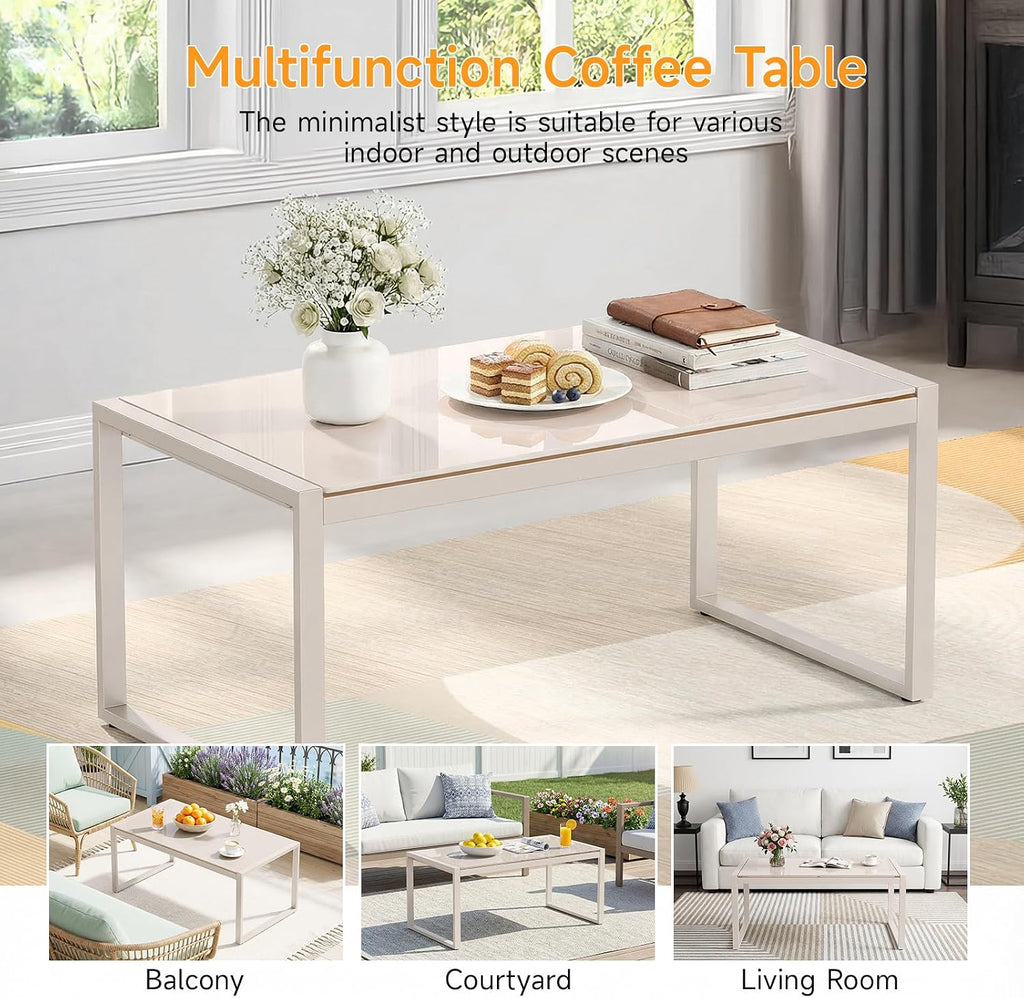 ONBRILL Rectangle Coffee Table with Tempered Glass Desktop, Sand