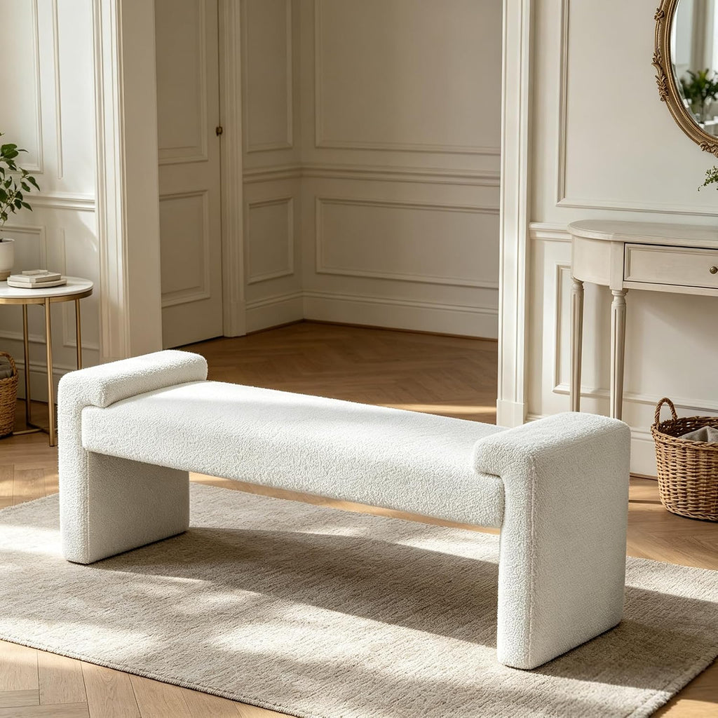 Upholstered Entryway Bench, 58.7" Modern Bedroom Bench, White