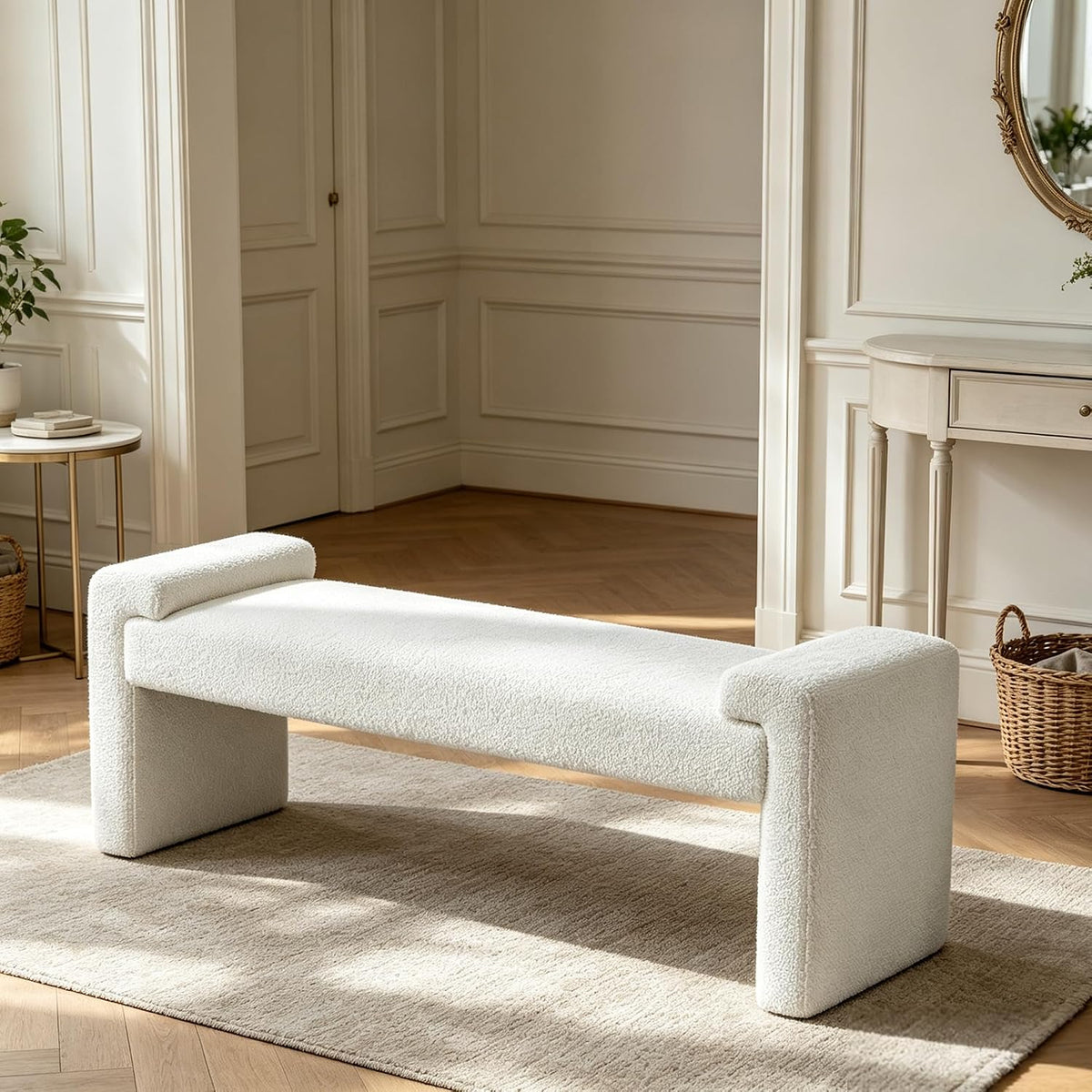 Upholstered Entryway Bench, 58.7" Modern Bedroom Bench, White