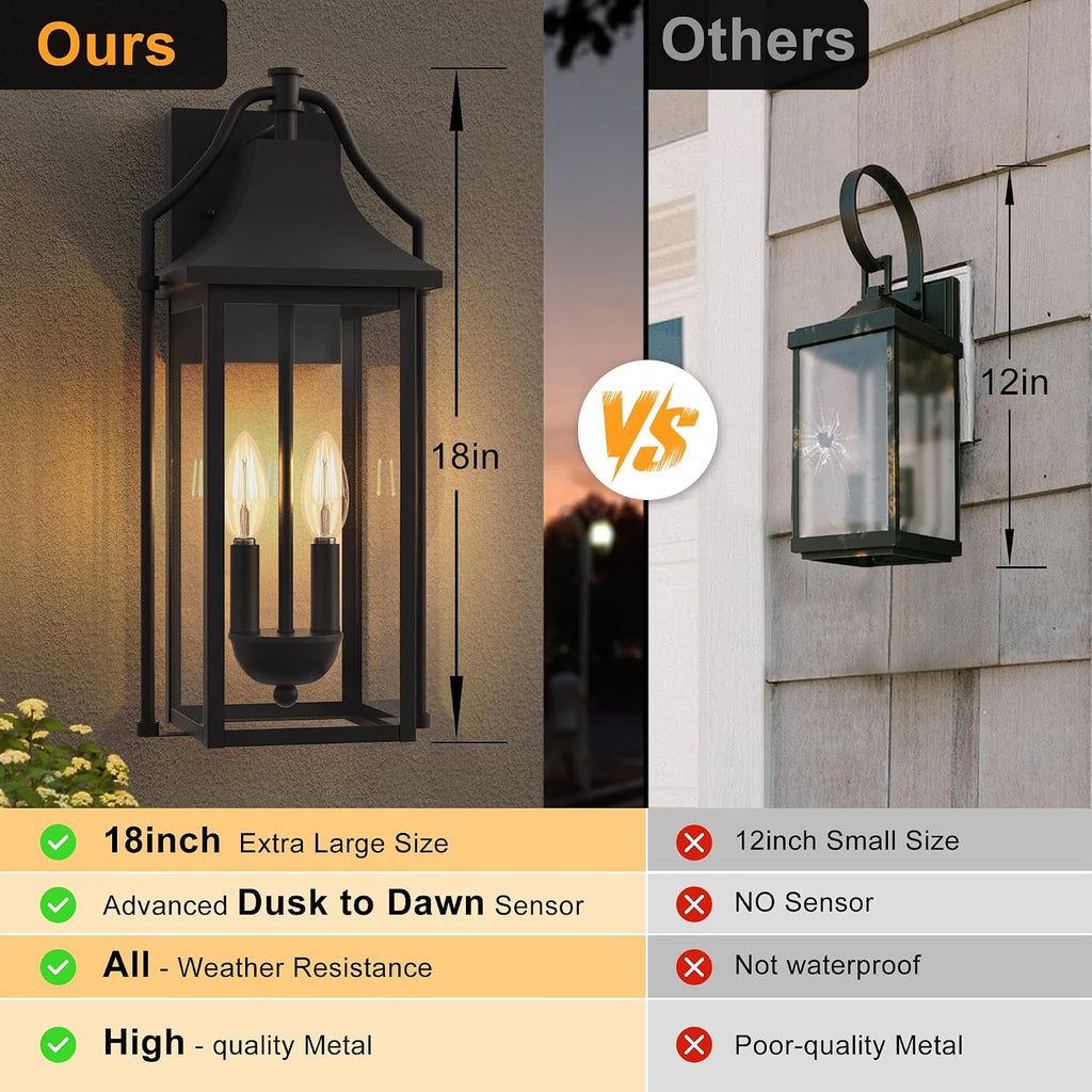 18IN Dusk to Dawn Outdoor Wall Sconce, 2-E12 Base Porch Light