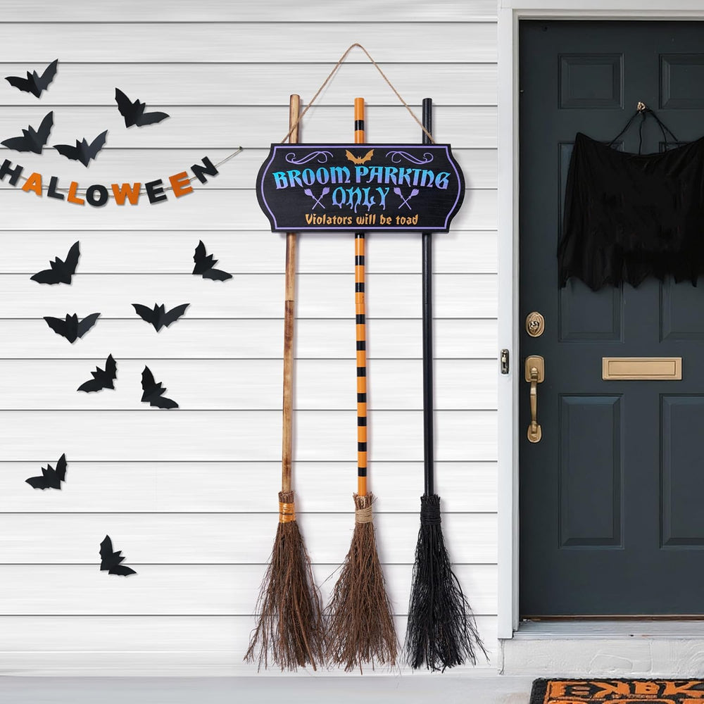 JOYIN Halloween Broom Parking Sign with 3pcs Wooden Witches Brooms, Halloween...